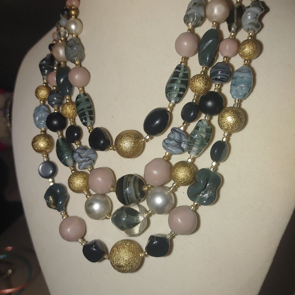 Necklace Glass Beads Gold Pink Green 18 Inches Vintage Multi Strand Adjustable